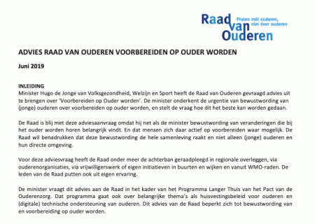 Advies Raad van Ouderen voorbereiden op ouder worden