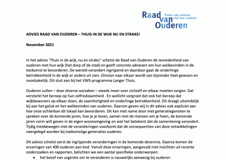 Advies Raad van Ouderen – Thuis in de wijk nu en straks!